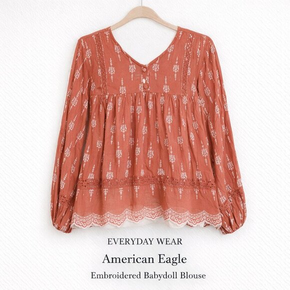 American Eagle Outfitters Tops - American Eagle Rust Embroidered Babydoll Peasant Blouse Balloon Sleeve M
